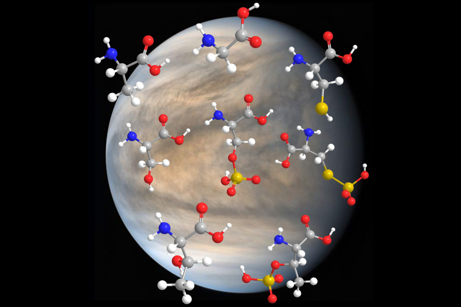 Molecular structures overlaid on an image of Venus, representing amino acids in the planet's atmosphere