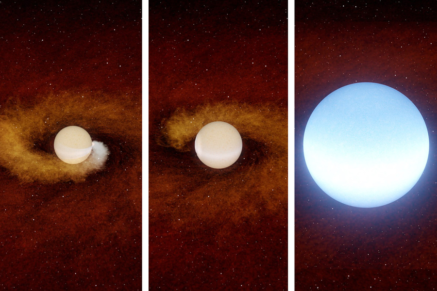 This rendering shows the gas giant meeting its demise as it spiraled into its parent star. 