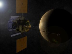 An artist concept of MESSENGER in orbit around Mercury