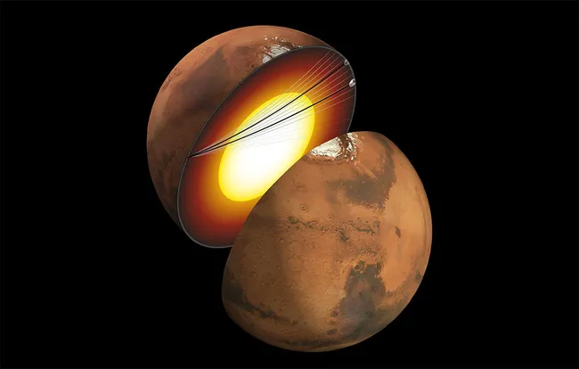 This artist’s illustration shows a cutaway of Mars and the paths of seismic waves from two quakes in 2021. 