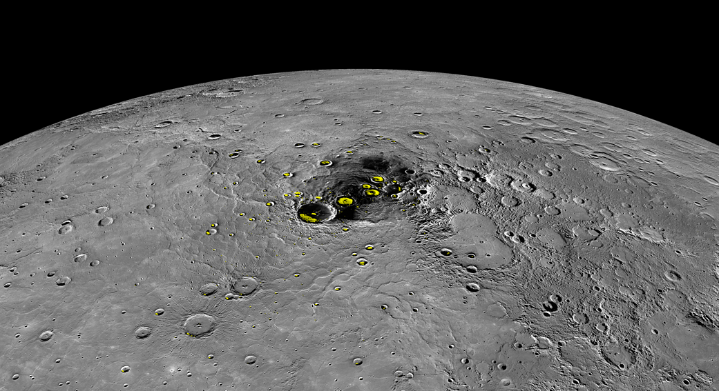 This orthographic projection view provides a look at Mercury's north polar region. (Facts about mercury)