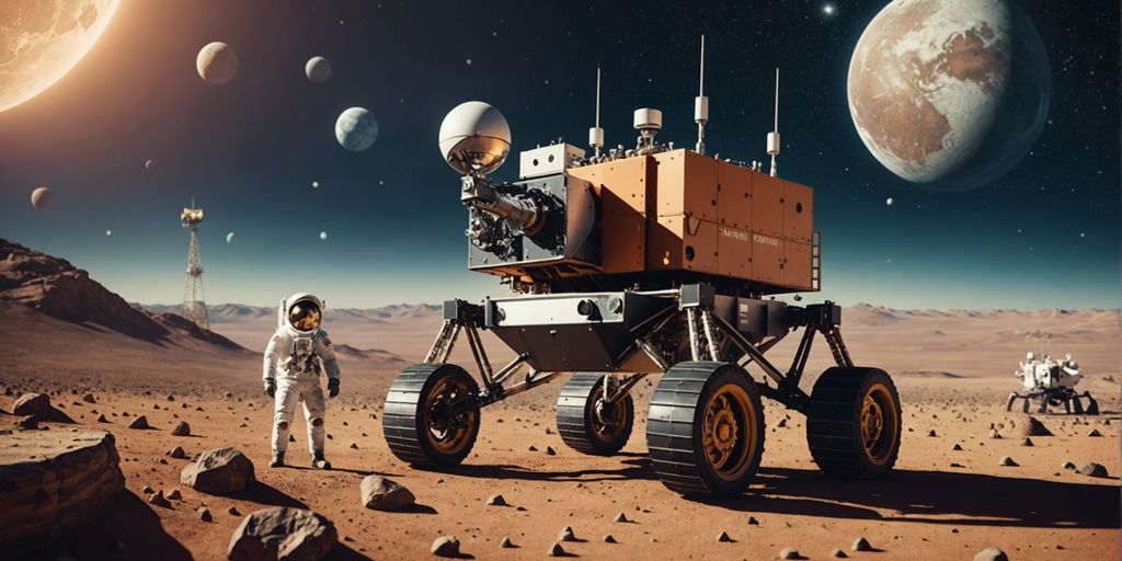 An image showing rovers and an astronaut on Mars 