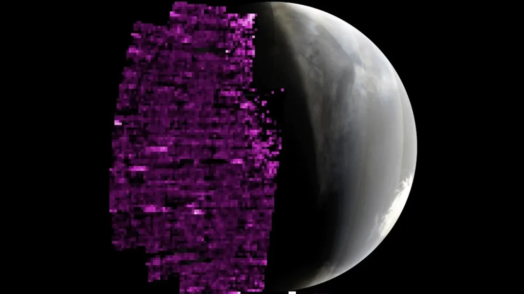 The purple color in this image shows auroras on Mars’ nightside as detected by the ultraviolet instrument aboard NASA’s MAVEN orbiter in May.NASA/UNIVERSITY OF COLORADO/LASP