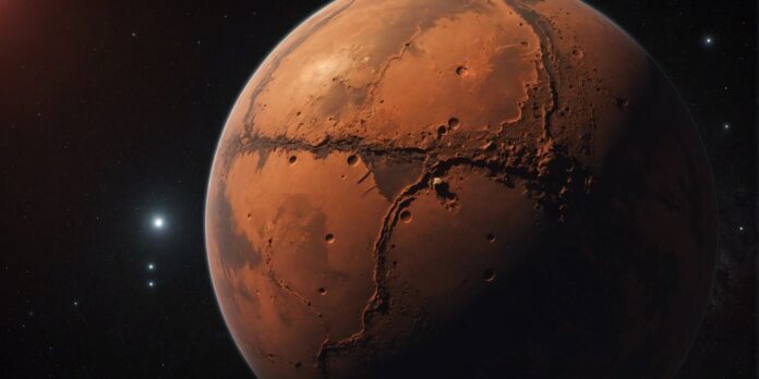 High-resolution image of Mars with its red surface, craters, and valleys against the dark backdrop of space.